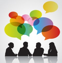 Group of people meeting with thought bubbles above them
