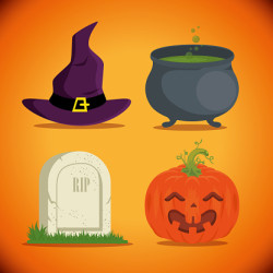 Witch's hat, tombstone. laughing pumpkin and cauldron