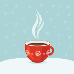 test Hot coffee in red cup. Winter background. Christmas card.